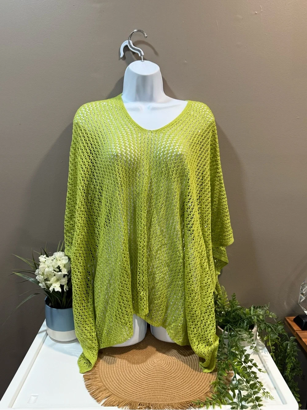 Lightweight Lime Green Open-Knit V-Neck Sweater